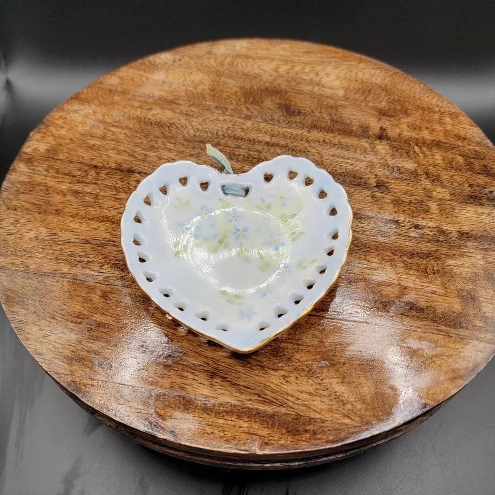 Small Heart Shaped Trinket Dish With Blue Flowers